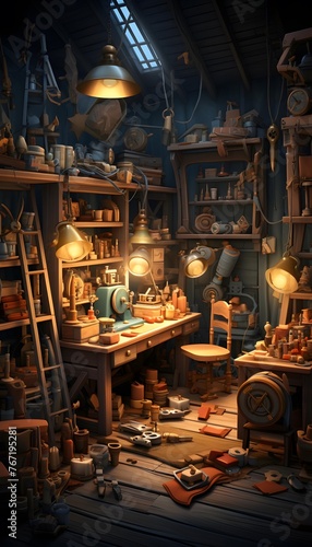 3D render of an antique shop with objects in the foreground.