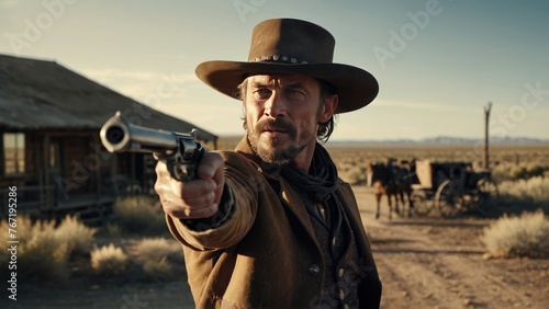 cowboy in a hat aiming a revolver