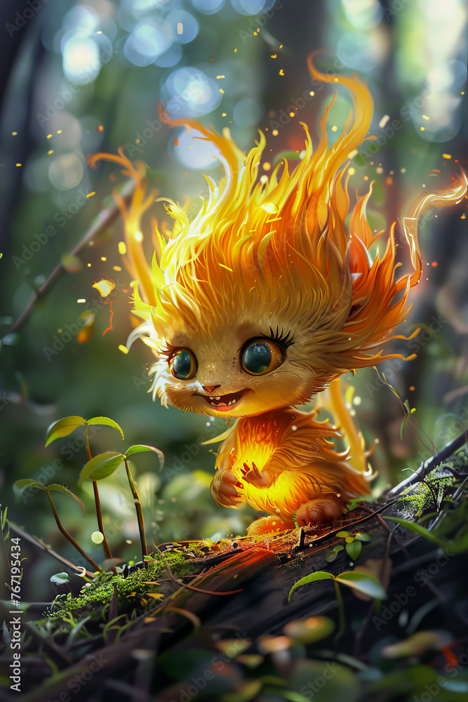 A tiny fire sprite with flickering flames for hair. It dances joyfully ...