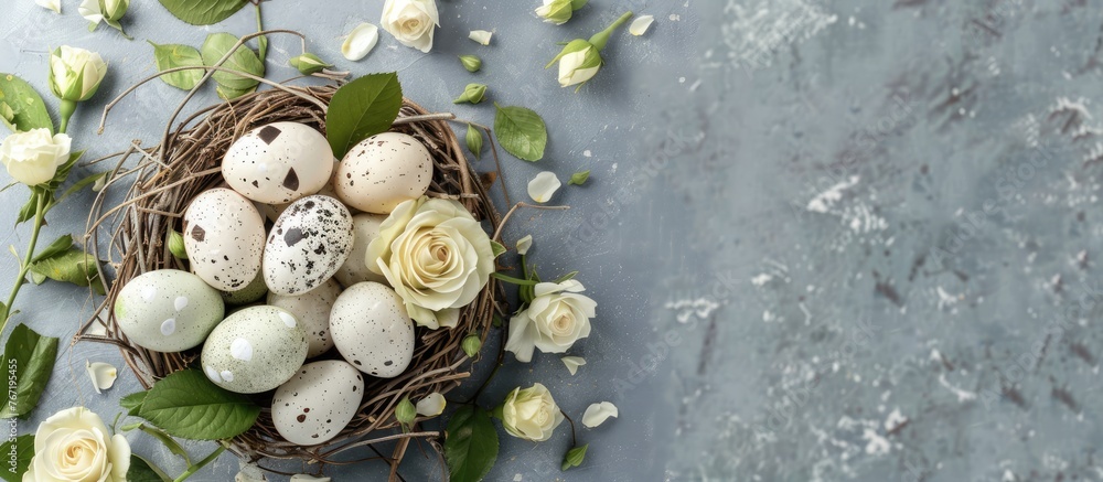 Obraz premium Top-down view of Easter card design with a nest filled with eggs and white roses on a concrete backdrop.