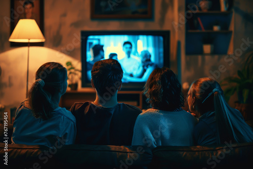 A group of people are watching television together in a living room. Scene is relaxed and social, as the group of people are gathered together to enjoy a shared experience photo