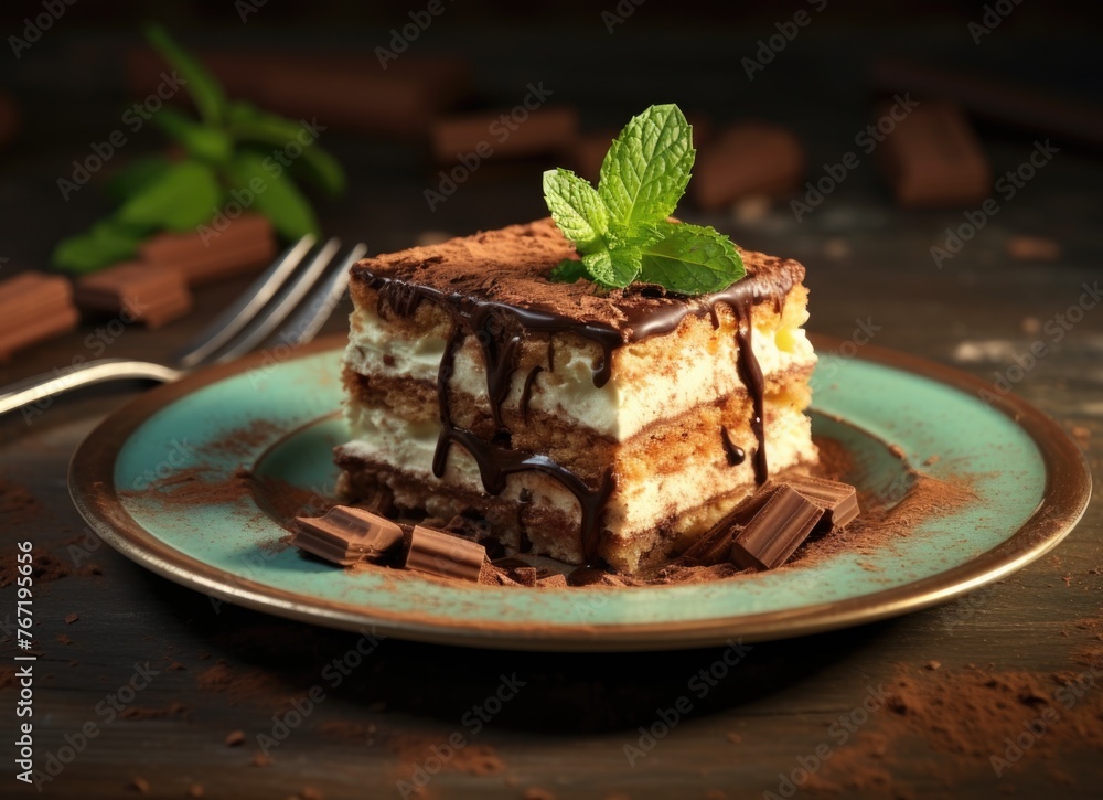 Tiramisu cake slice with chocolate and mint Tiramisu cake slice with chocolate and mint
