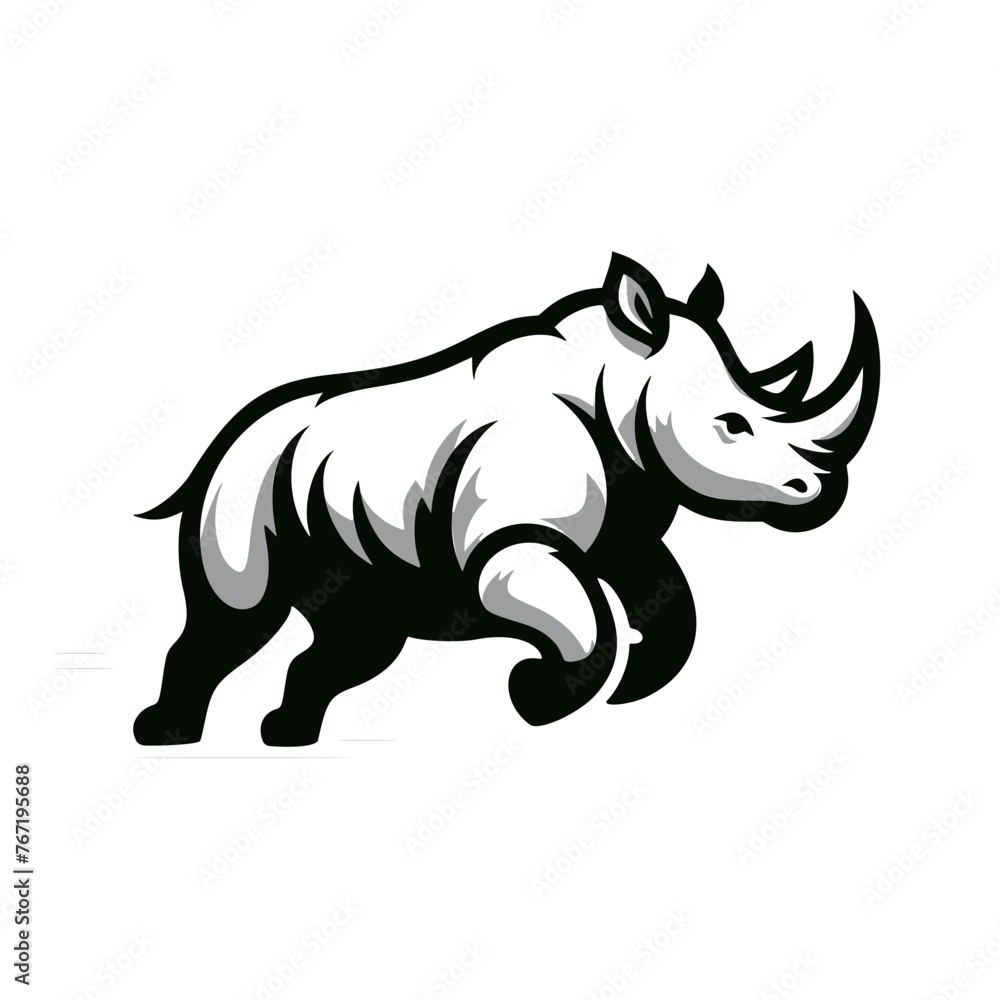 Obraz premium Black and white logo of a running rhino. Vector logo of a rhino isolated on white background.