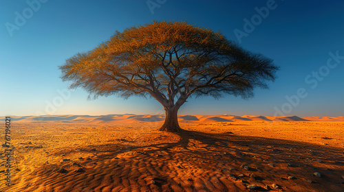 A large leafless tree in the middle of a vast desert landscape