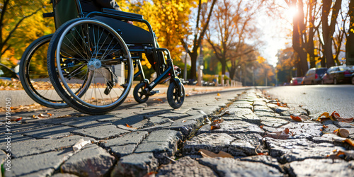 Rolling down the street, the wheelchair user encounters cracked sidewalks and potholes. They dream of smooth pathways that dont jostle their chair photo