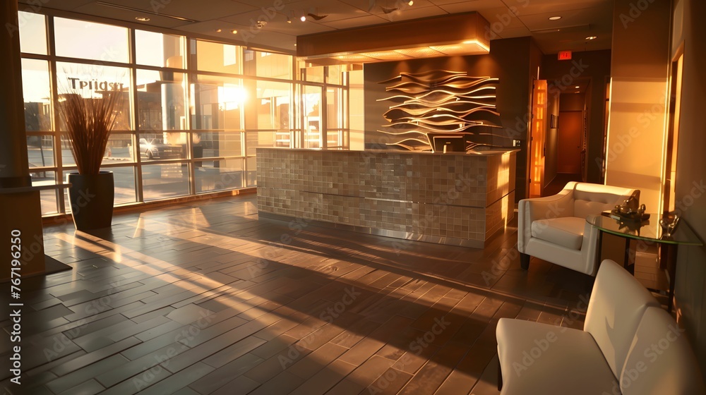 Reception area at golden hour, shadows and light, quiet before the storm