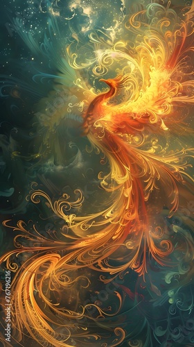 Phoenix rising from ashes, rebirth in flames, cycle of life