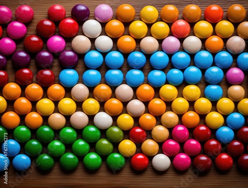 Colorful Array of Candies Arranged in Gradient Pattern on Wooden Surface