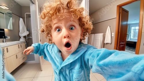 Cute toddler kid boy wearing pajamas with a surprised face, afraid and excited with curiousness expr