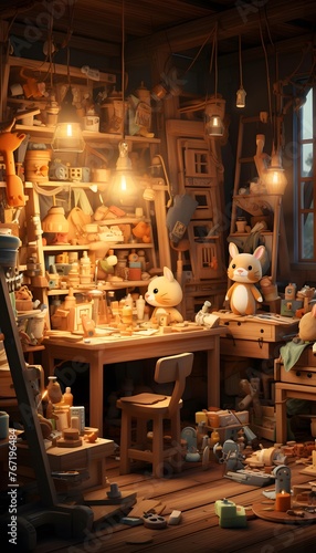 A panoramic shot of a wooden pottery workshop with a lot of details