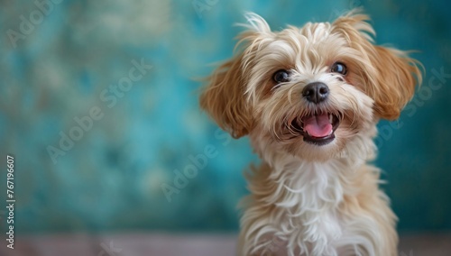 Joyful Small Dog Against Blue Background © Vladan