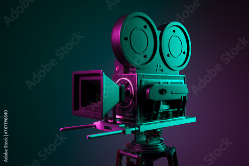 Vintage Cinema Projector Illuminated in Teal & Magenta on Gradient Backdrop