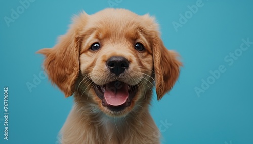 Golden puppy with a beaming smile on a bright blue background