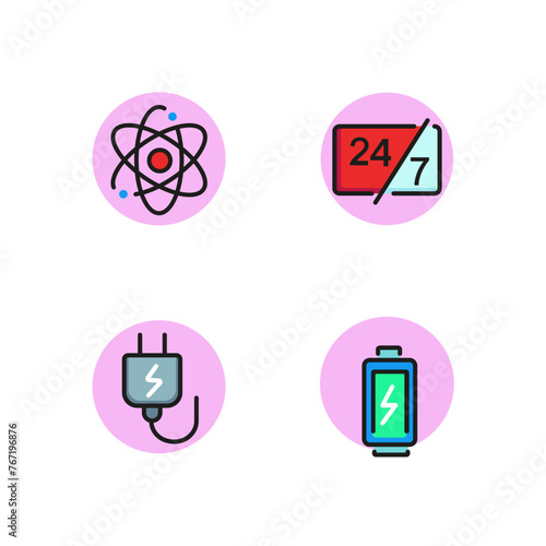 Renewable energy line icon set. Electric plug, battery, nuclear power, twenty four hours and seven days. Can be used for topics like technology, equipment, service, support, electronics.