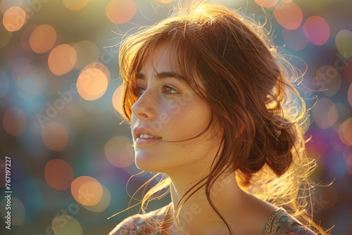 Young woman with sunlight on her face against bokeh lights
