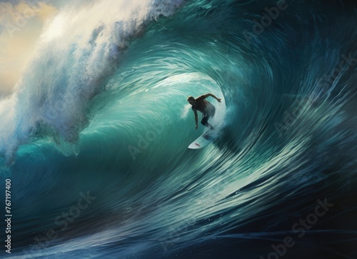 A man riding a wave on top of a surfboard © Marharyta