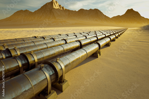 Industrial Gas and Oil Pipeline Across Desert Landscape at Golden Sunset