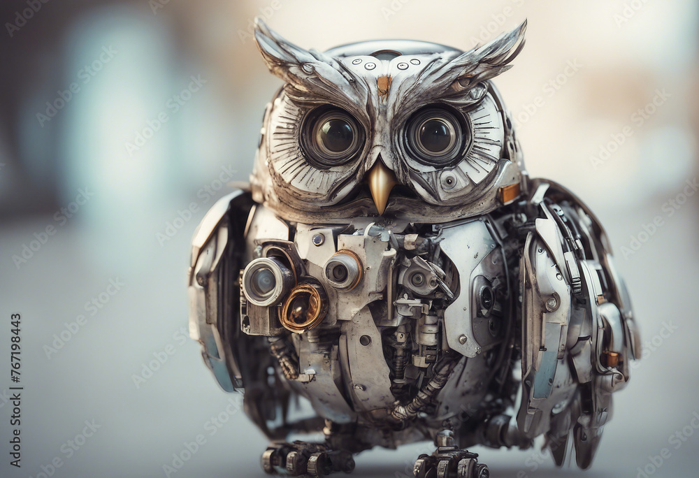 Charming owl robot robotic bird isolated over white background Charming owl robot robotic bird isolated over white background