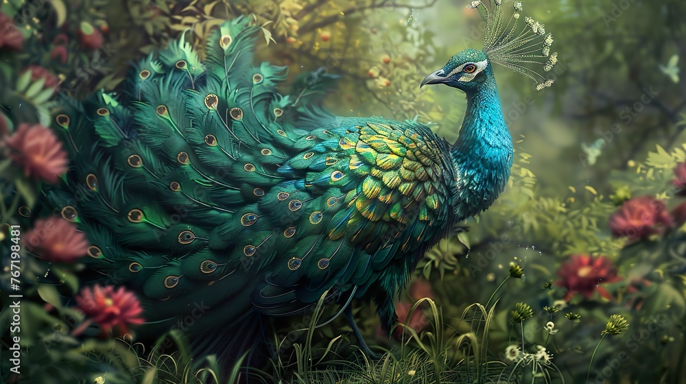 Obraz premium plumage in paradise: a peacock's tale in an enchanted garden