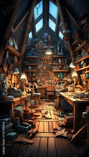 3D rendering of an old wooden bookcase in a fairy tale style