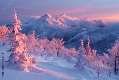 Winter wonderland with pink-toned sunrise photo