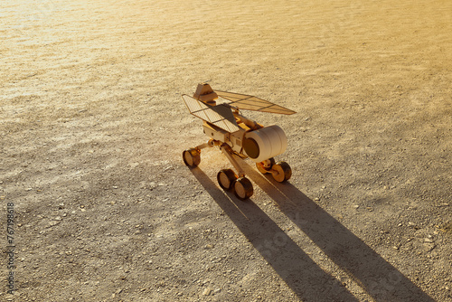 Fototapeta Naklejka Na Ścianę i Meble -  Dawn of Discovery: Mars Rover Investigating Martian Terrain at Sunrise