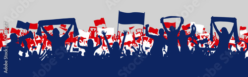 French supporters in national flag colors blue, white, red for sports background, silhouette flat design. Male and female fans with hands in the air, banners, flags, scarfs. Design with three layers
