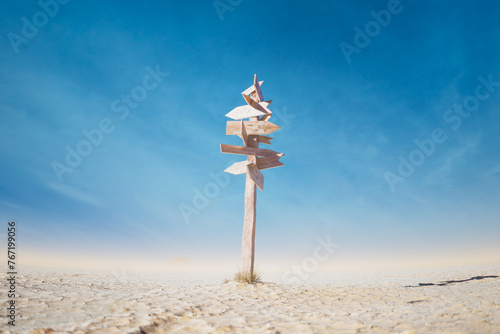 Weathered Wooden Directional Arrows Standing at a Desert Crossroads