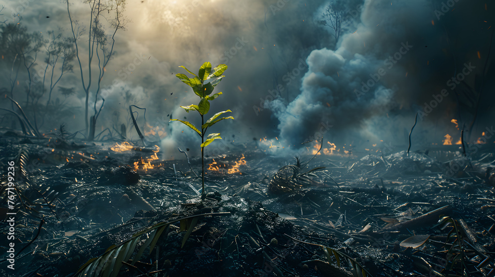 Amazon rainforest devastated by destruction, with burned trees, smoke and trash - obrazy, fototapety, plakaty 