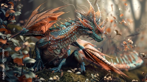 cute fairy-tale dragon with wings and horns in a forest © ArtisticALLY