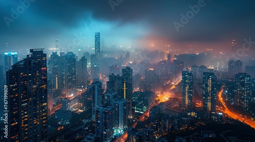 A panoramic view of a modern cityscape at night, with skyscrapers illuminated and streets bustling with life