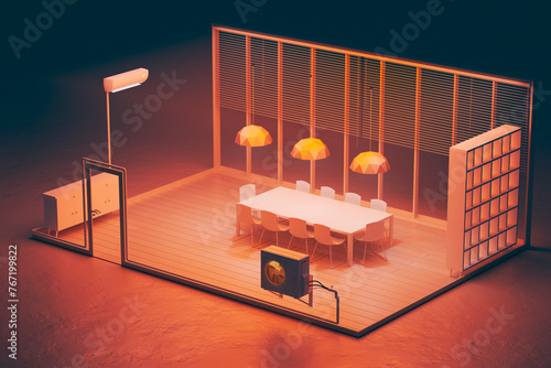 Elegant Minimalist Dining Space with Chic Umbrellas & Ambient Lighting
