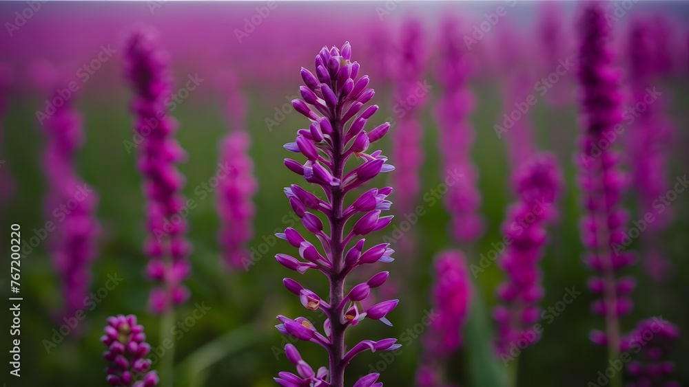 Purple fluorescent flower stem against blurred field background scene Purple fluorescent flower stem against blurred field background scene