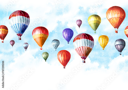 Colorful Air Balloons in the sky. Hand drawn watercolor seamless  pattern