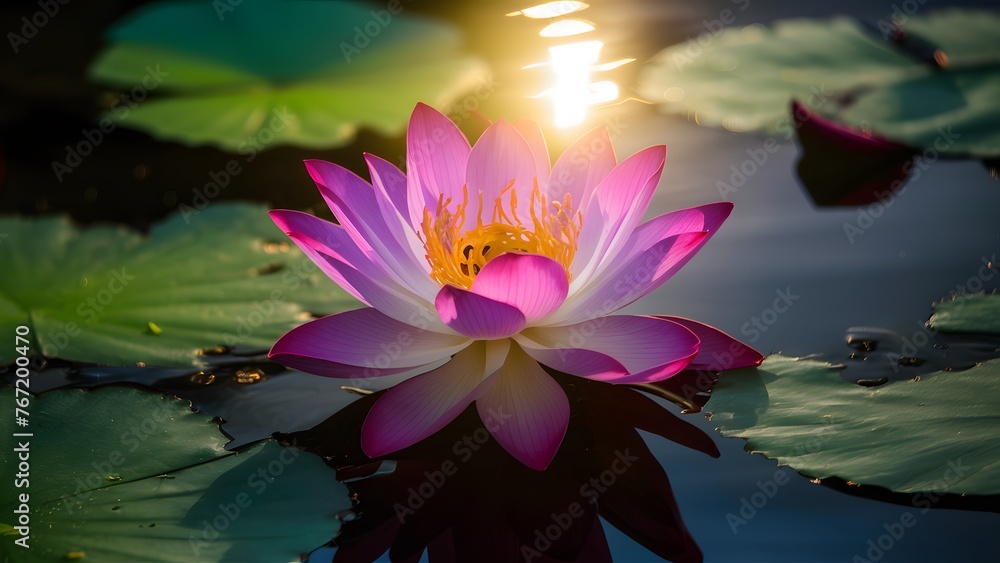 Purple lotus flower with rainbow ring light, sun flare reflection