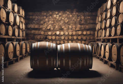 Very old wine barrells lying in the center of a huge dark empty space photo