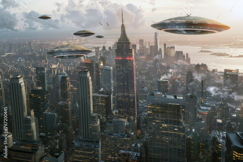 UFOs appear and fly over cities. Aliens uncover unknown areas of Earth s civilization. Concept for civilization and technology.