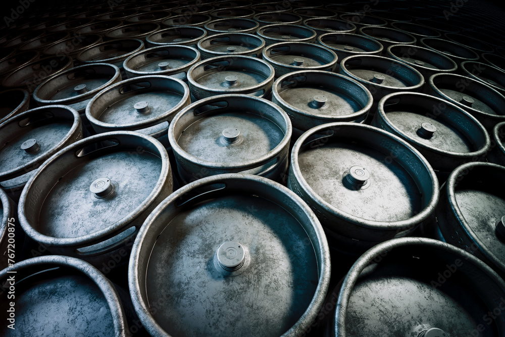 Industrial Metal Barrels Stacked Neatly in a Spacious Warehouse Facility Industrial Metal Barrels Stacked Neatly in a Spacious Warehouse Facility