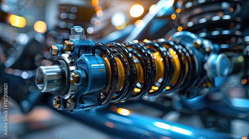 A close-up of a shock absorber strut and coil spring car suspension, reaching the end of its travel photo