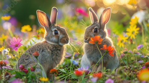 Two fluffy rabbits sit contentedly in a field bursting with colorful wildflowers, bathed in the warm glow of sunlight