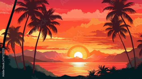 A vibrant tropical sunset gradient, with fiery oranges, deep magentas, and lush greens blending seamlessly, perfect for lively graphic design projects. © Kanwal