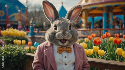 Easter rabbit in a them park. Easter theme park promotion picture. Generative AI.