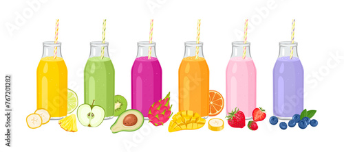 Set of smoothies in glass bottles with straw, fresh berry and fruits. Vector cartoon illustration of healthy cocktails.