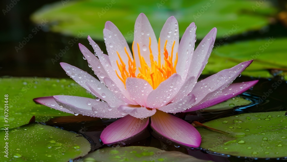Raindrops covered water lily flower on pond background Raindrops covered water lily flower on pond background