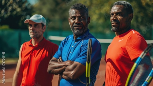 Three men standing on a tennis court each holding a tennis racket with one man wearing a blue shirt and the other two in red all smiling and looking towards the camera. photo