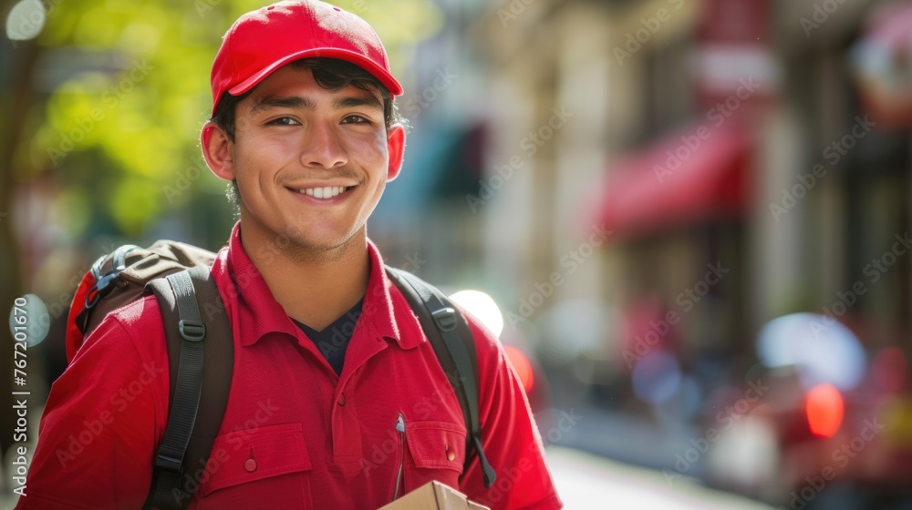 Young man in red shirt and cap smiling with backpack standing on city street. Young man in red shirt and cap smiling with backpack standing on city street.