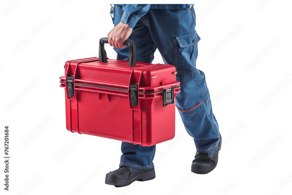 Professional in workwear walking with a red toolbox on a transparent background Professional in workwear walking with a red toolbox on a transparent background