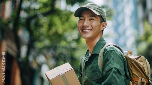 Smiling man in green uniform holding a box with a ribbon wearing a cap and a backpack standing in a park with trees and buildings in the background.