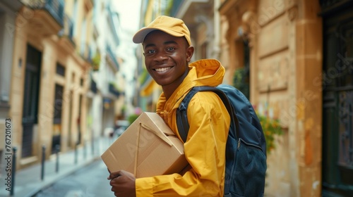 Young man in yellow jacket and cap smiling carrying a box and a backpack walking down a narrow street lined with buildings.