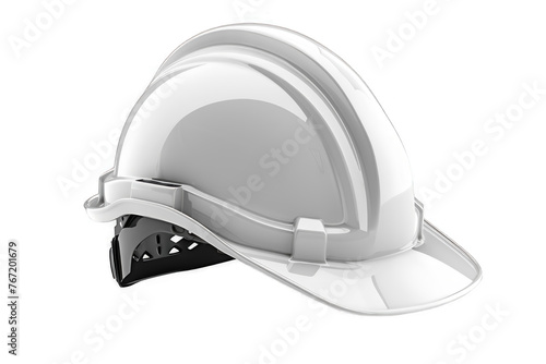 Side view of a white construction safety helmet with adjustable headband and chin strap, isolated on black photo
